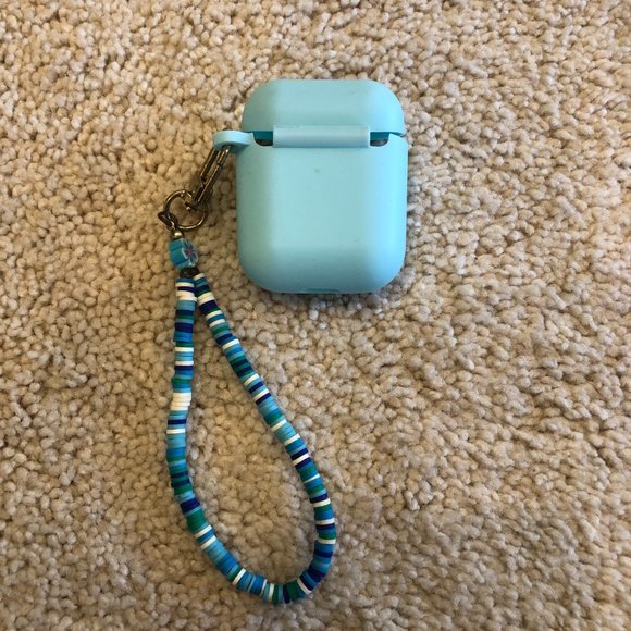 Blue Silicone AirPod Case with Beaded Wristlet - Picture 3 of 9